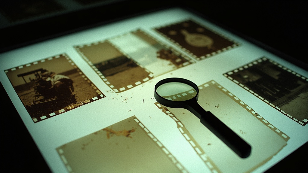 Vintage film negatives and contact prints under examination with a magnifying lens on a light box.
