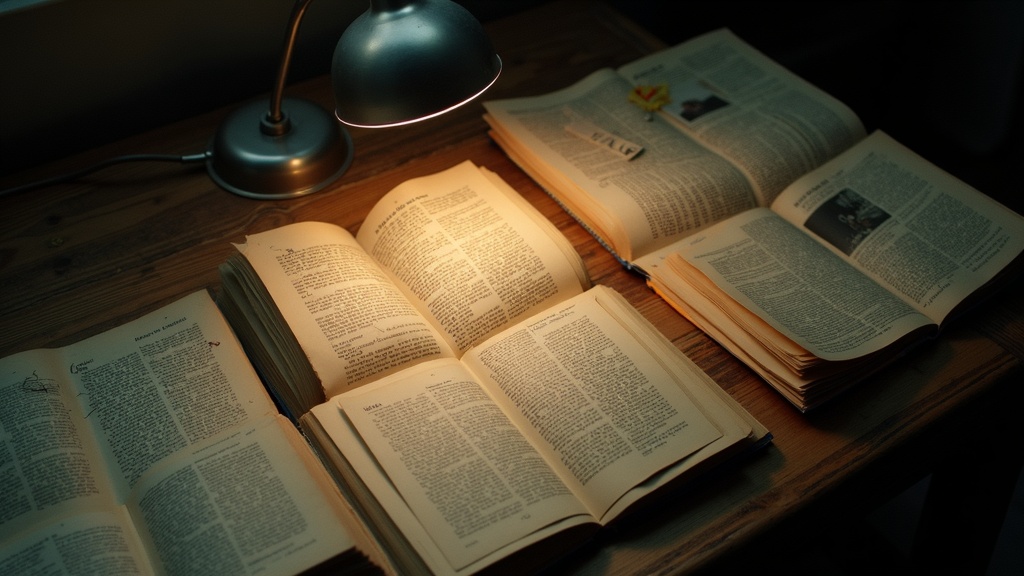 Desk with open books, newspaper clippings, and handwritten research notes from 2015-2016, lit by desk lamp