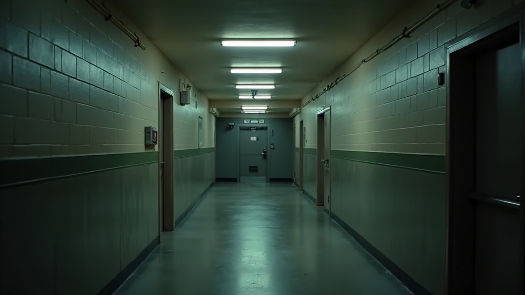 Interior police station corridor with security door, concrete walls, and fluorescent lighting