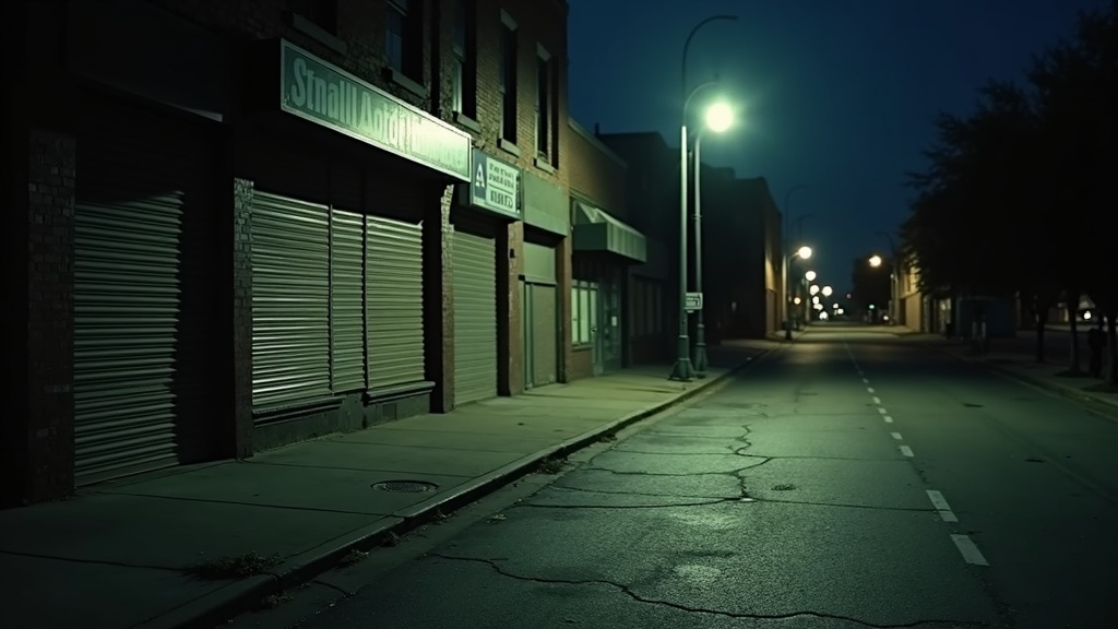 Empty urban street at dusk with protective barriers, distant figures, and harsh overhead lighting creating shadows on concrete.