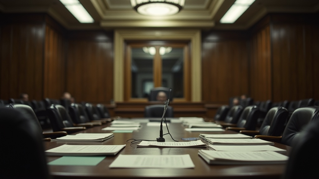Empty congressional hearing room with microphone at dais, documents on table, fluorescent lighting, Capitol corridor visible through doors