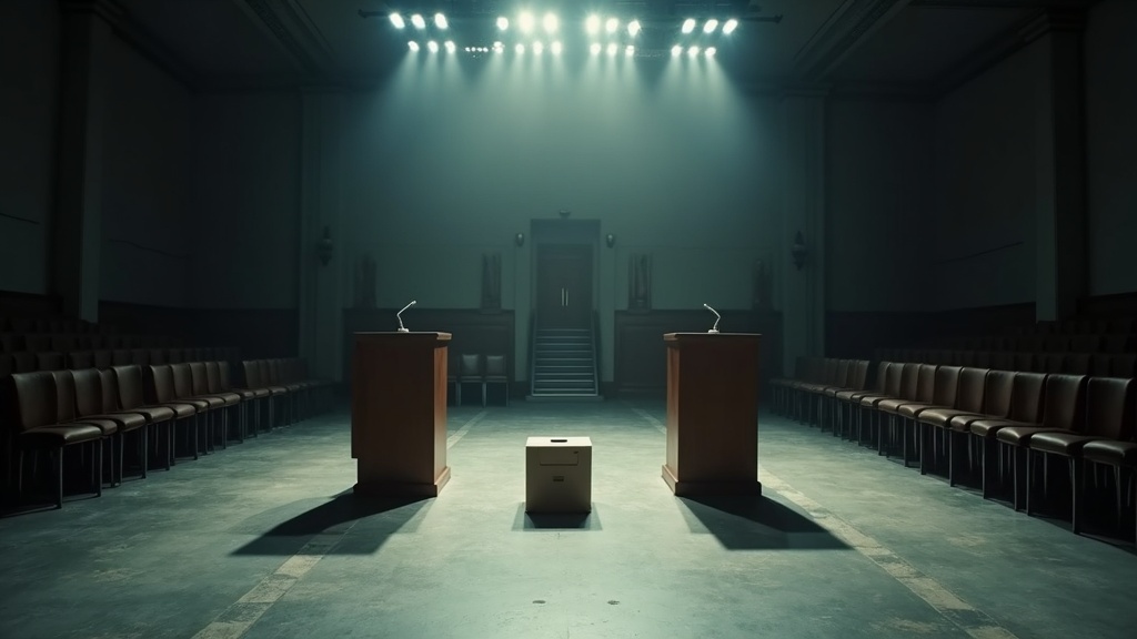 Empty parliamentary chamber with two podiums, ballot box, and rows of vacant seats under bright institutional lighting.