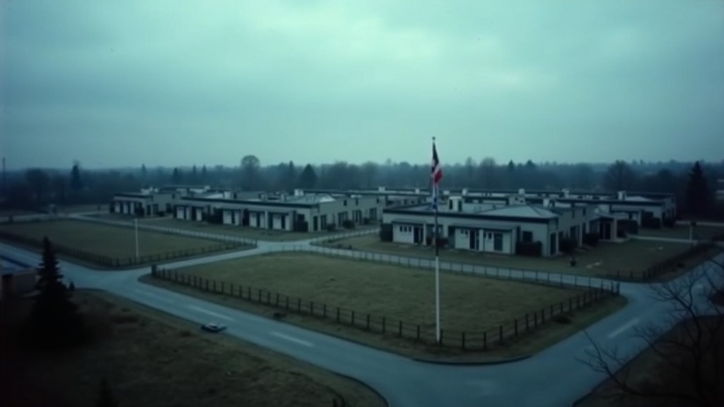 Military barracks compound with concrete buildings, parade ground, and perimeter fencing at dusk under overcast sky.