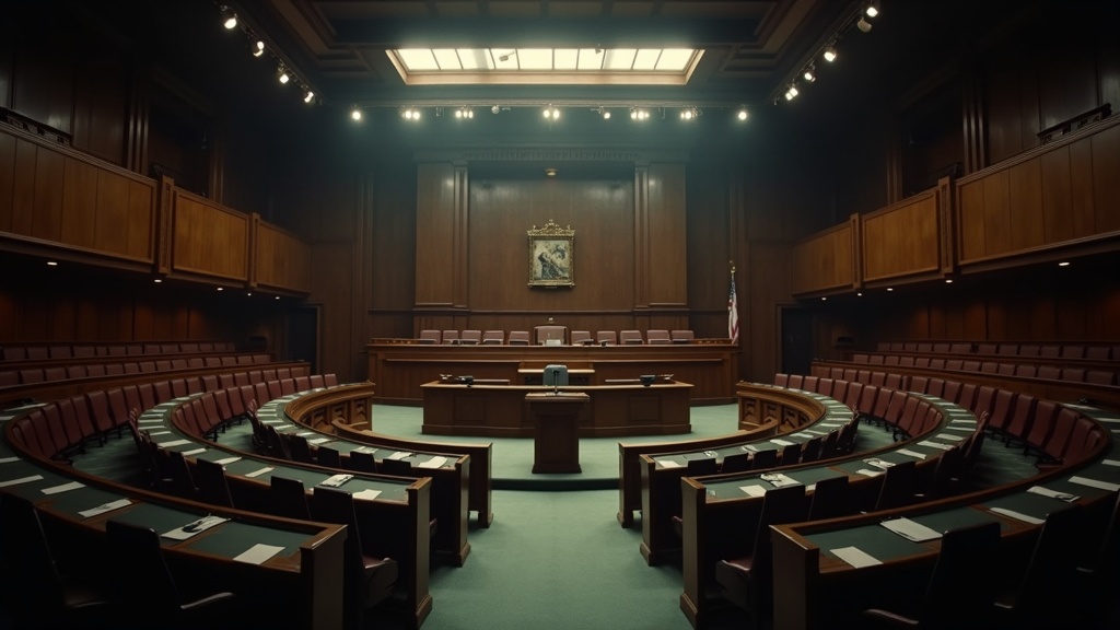 Empty legislative chamber with rows of seats and central speaking platform, institutional architecture.