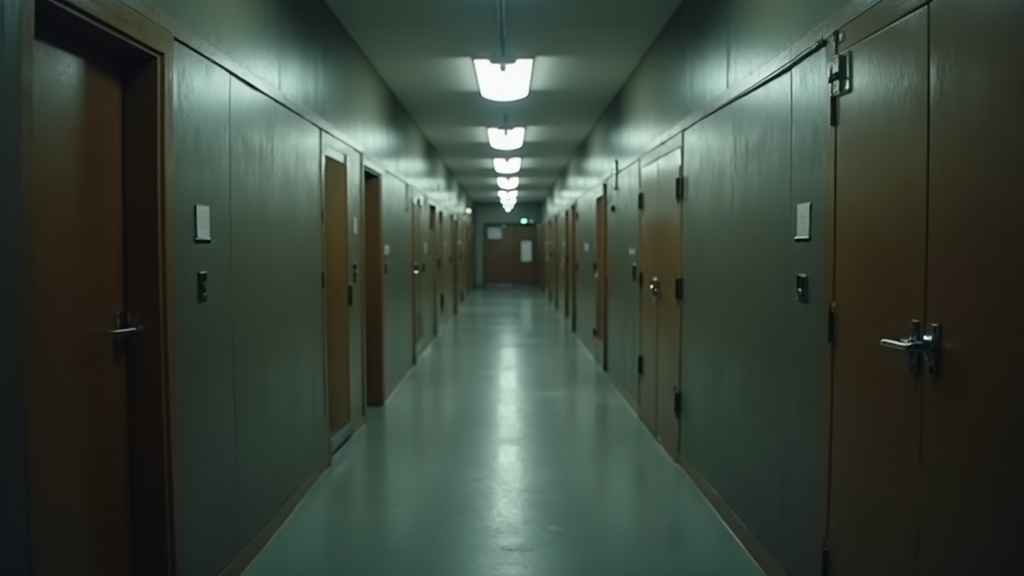 Long institutional hallway with numbered doors, fluorescent lighting, gray walls, suggesting hidden records or concealed history.